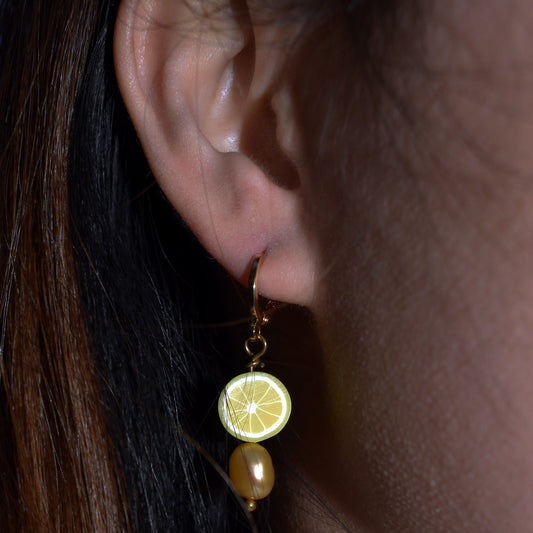 Gold freshwater pearl with lemon huggie earrings| by Ifemi Jewels