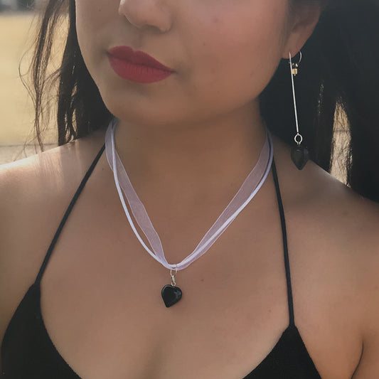 Black Onyx Necklace, White Ribbon Necklace, Gemstone Necklace, Black and White | by nlanlaVictory