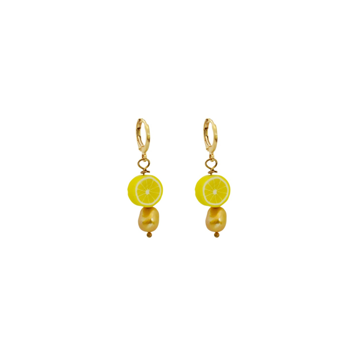 Gold freshwater pearl with lemon huggie earrings| by Ifemi Jewels